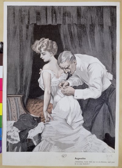 Suspicious husband observing the alteration in the tying of his wife